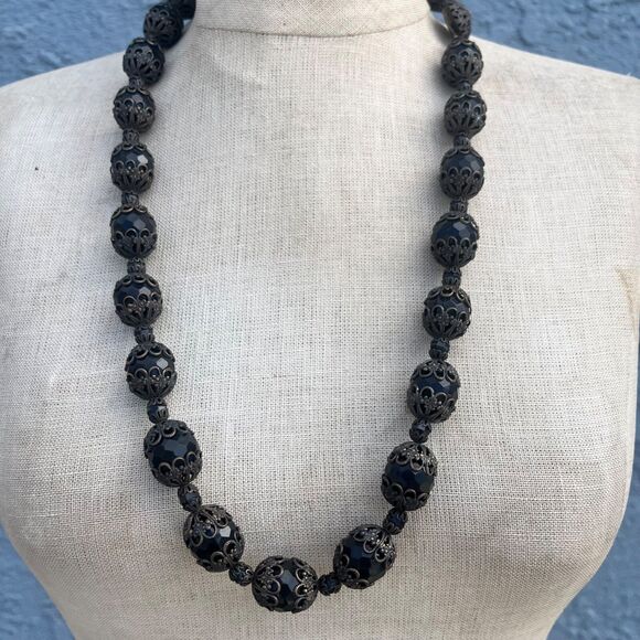 VIntage 1950s Black Beaded Statement Necklace Goth whimsygoth Antique - Picture 5 of 11